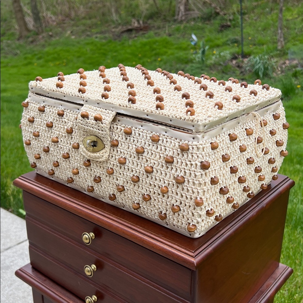 Vintage Boho Brown Wood Beaded Singer Sewing Basket Neutral Tone Woven Storage